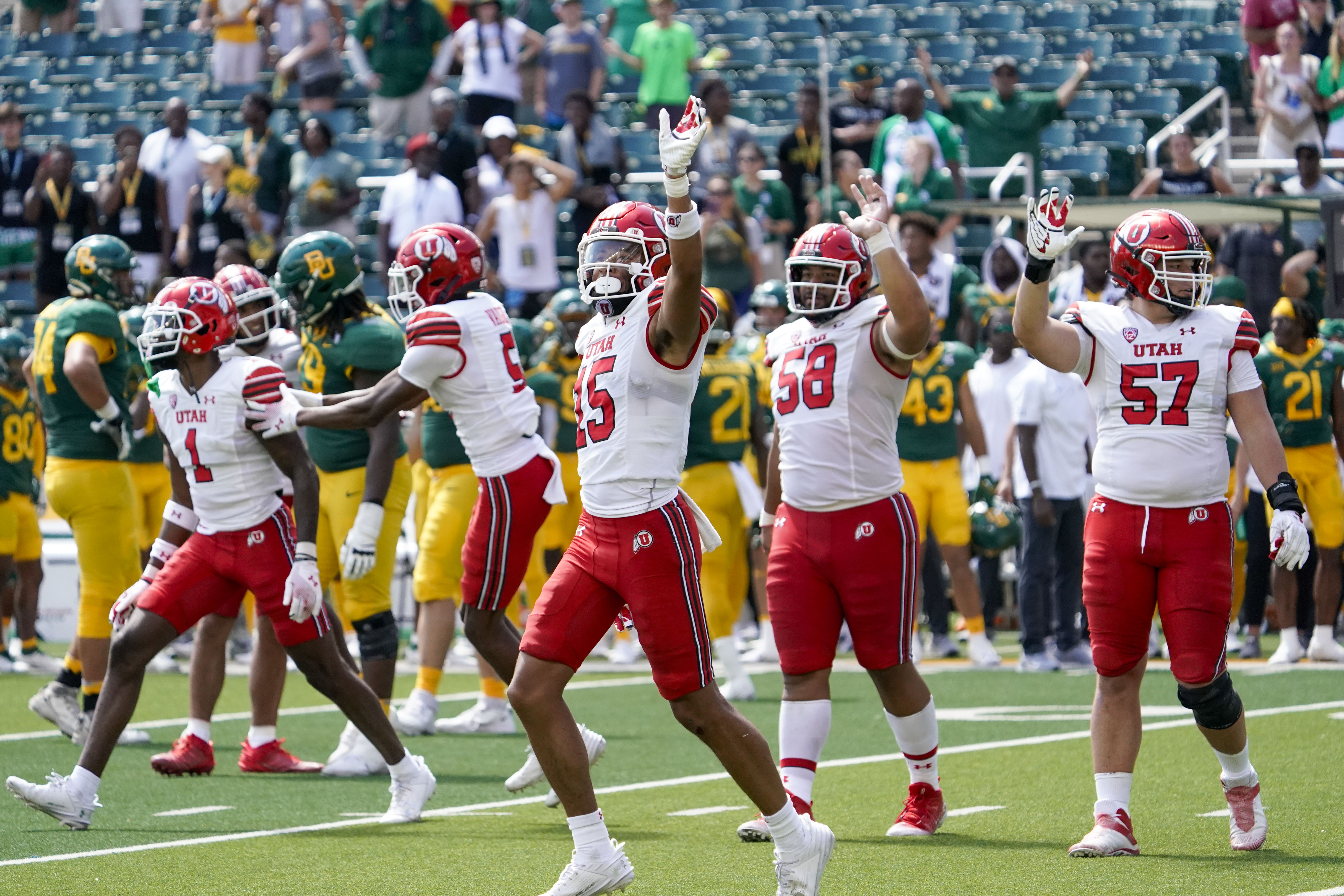 Sep 9, 2023; Waco, Texas, USA; Utah Utes cornerback Tao Johnson (15) celebrates the win against the Baylor Bears at McLane Stadium. Mandatory Credit: Raymond Carlin III-USA TODAY Sports